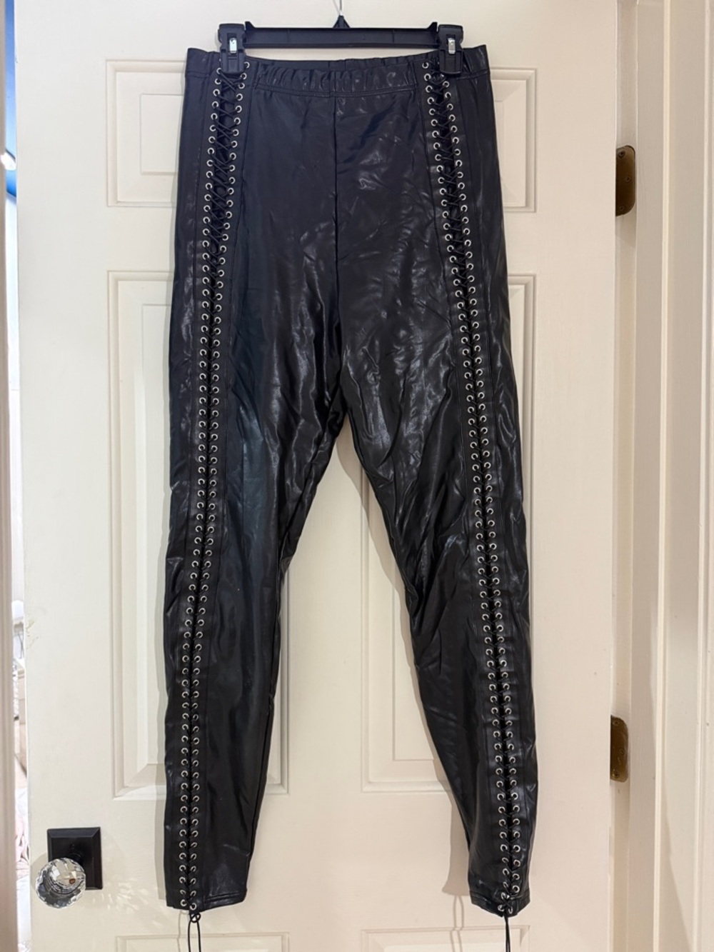 Blackmilk Black Faux Leather Lace-Up Leggings with Silver Eyelets